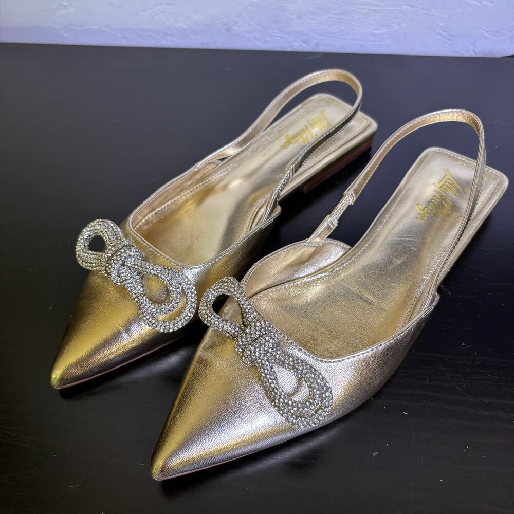 Lilly Pulitzer Brit Gold Leather Slingback Dressy Summer Event Bling Bow Size 9 - Picture 2 of 15